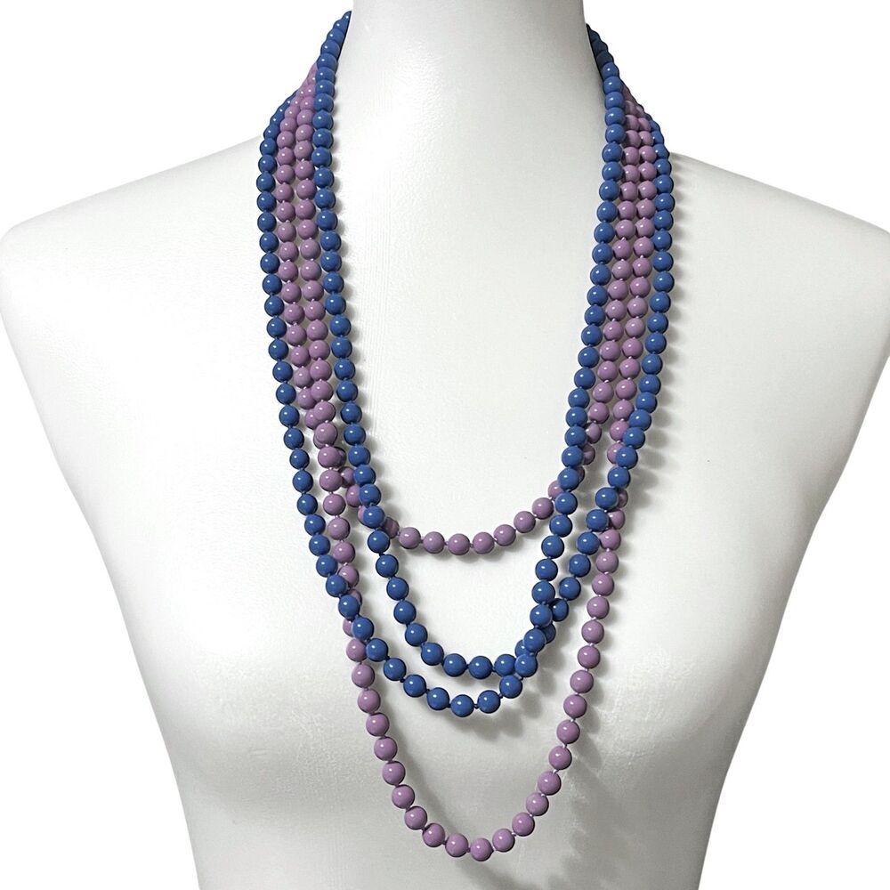 Vintage 80s Glass Bead Necklace Set Purple Blue Long Layering Festival Retro 58"